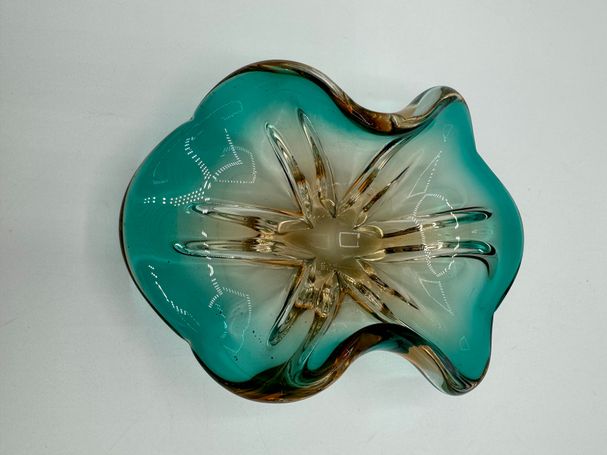 Murano Glass Bowl In Sommerso Amber, Green And Clear